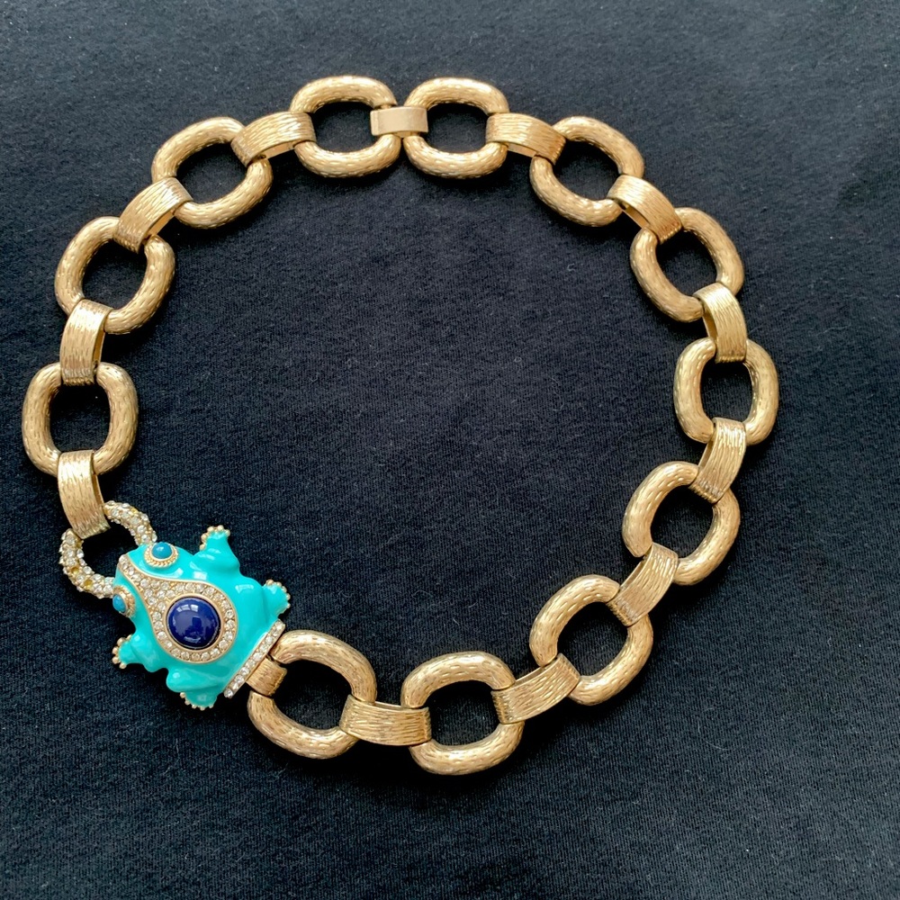 J. Crew Stunning Turquoise Enameled Frog Necklace, 20”